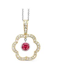 Open Carnation Floral Diamond Pendant With A Round Center Stone In 18K Yellow Gold With A 0.58 ct. Genuine Ruby Center Stone.