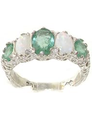 High Quality Solid 14K White Gold Genuine Natural Emerald & Opal Womens Band Ring - Finger Sizes 4 to 12 Available