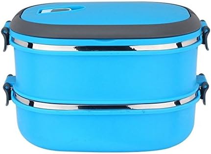 Bento Lunch Box Double Tier Tiffin Oval Vacuum Seal Lid with Stainless Steel Interior - Leak Proof - Individual Locking Clips (blue)