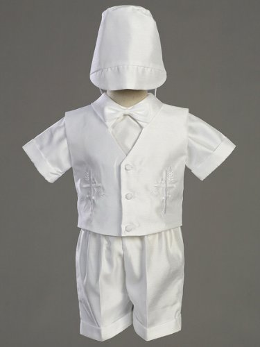 Lito Boy's Embroidered Shantung Cross Vest Christening Short Set and Bonnet