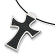 Black Carbon Fiber and Polished Stainless Steel Cross Necklace on 18 Inch Leather Cord