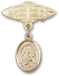 14K Gold Baby Badge with St. Therese of Lisieux Charm and Badge Pin with Cross