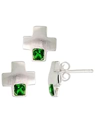 Sterling Silver Matte-finish Greek Cross Earrings (10mm tall) & Pendant Slide (10mm tall) Set, w/ Princess Cut Emerald-colored CZ Stones