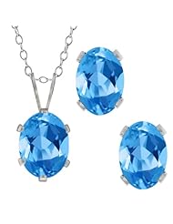 3.10 Ct Oval Swiss Blue Topaz Gemstone Sterling Silver Pendant Earrings Set