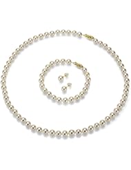 14k Yellow Gold Sets 6.5-7mm White Hand-pick Genuine Akoya Pearl Necklace 18" Length. Comes with Matching Bracelet 7" and Stud Earring.