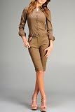 Women's Long Sleeve Buttoned Bermuda Jumpsuit with Belted Waist and Collar