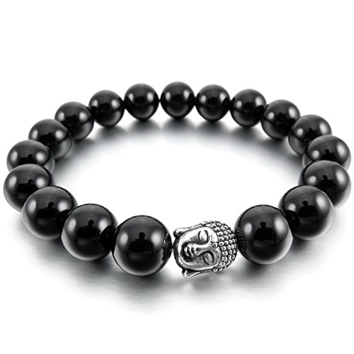 Men,Women's 10mm 12mm Alloy Bracelet Link Wrist Agate Onyx Gemstone Black Silver Buddha Mala Energy Stone Gemstone Beads