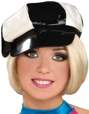 60s 70s Black White Vinyl Mod Women's Costume Hat Cap