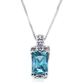 14k White Gold Radiant Cut Blue Zircon and Diamond Pendant, 18