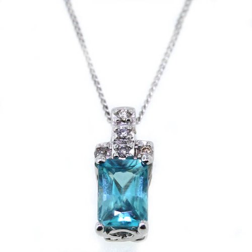 14k White Gold Radiant Cut Blue Zircon and Diamond Pendant, 18