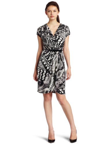 Donna Morgan Women's Short Sleeve Faux Wrap Dress, Black/White, 10