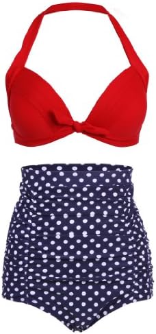 High Waist Retro Bikini Swimsuit Swimwear with Dark Blue Polka Dot Bottom and Red Top
