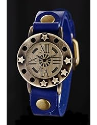 Youyoupifa Lady Round Face Vintage Roman Digital Alloy Dial Blue Leather Strap Quartz Watch