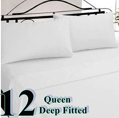 LOT of 12 NEW QUEEN SIZE ( 60X80+12 ) WHITE HOTEL FITTED SHEETS T180 - DEEP POCKET By Maz Supply