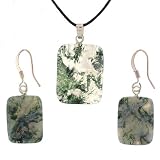 Moss Agate Rectangle Pendant and Earring Set - Pendant 17mm x 22mm, Earrings 13mm x 18mm - Adjustable Cord Necklace