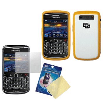 Hybrid Case / Skin / Cover (Orange + White) & LCD Screen Guard / Protector for RIM BlackBerry Bold 9700