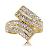 New Yellow Gold Channel Bypass Ribbon Ring W Diamonds