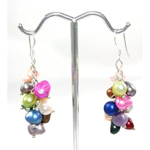 Beautiful Genuine Multi-Colored Fresh Water Pearl Cluster Dangle Earrings on 925 Sterling Silver...