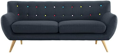 Mid-Century Modern Linen Fabric Sofa, Loveseat in Colors Light Grey, Polo Blue, Sky blue, Yellow and Red (Polo Blue with Color Buttons, 2 Seater)