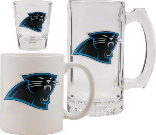 Carolina Panthers Glassware Set: 3D Logo Tankard, Coffee Mug, Shot Glass