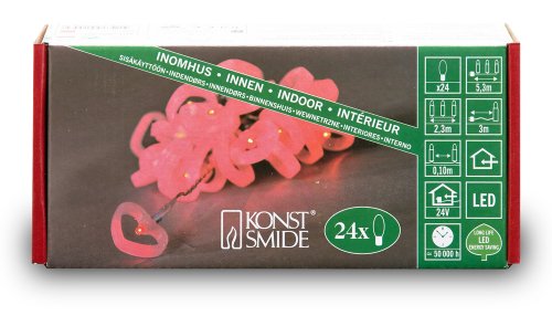 Konstsmide 4091-553 LED Dekolichterkette (gefrostete Herzen, 24 rote Dioden, 24V Innentrafo, 1.1W, transparentes Kabel)