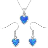 Sterling Silver Created-Blue Opal Inlay Heart Drop Pendant  Earrings Set