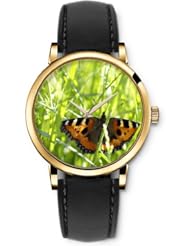 SPRAWL Aanalog Fashion Series Gold Ladies Watches of Genuine Black Leather Strap,Unique Wrist Watch for Women Girls Designed with Butterfly among the branches