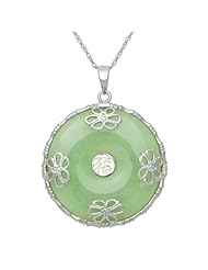 Asian-Inspired Jade Disc Pendant with Sterling Silver Flower Details in Gift Box
