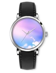 SPRAWL Aanalog Fashion Series Silver Ladies Watches of Genuine Black Leather Strap,Unique Wrist Watch for Women Girls Designed with Circles in twilight background