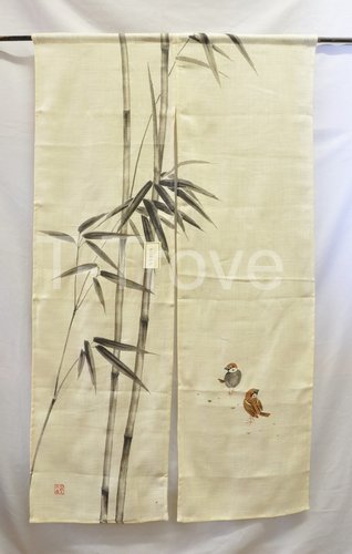 Noren or Door Curtain Beige with Bamboo and Birds