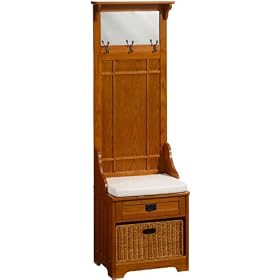 Craftsman Hall Tree With Wicker Basket, 1-BASKET, DARK OAK