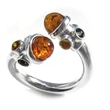 Certified Genuine Multicolor Amber and Sterling Silver Adjustable Designer Ring Sizes 5,6,7,8,9,10.