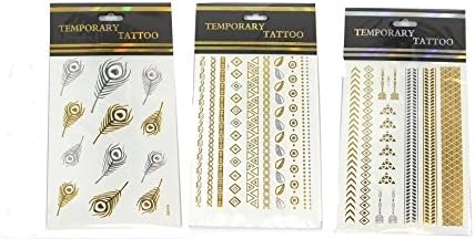Flash Tattoo's Set of 3 Metallic Silver and Gold Temporary Tattoos. Decorative Feather, Aztec Wrap Designs.