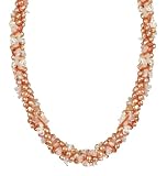 Coral Color Freshwater Pearl and Rose Quartz Chips Twister Bead Necklace with Silver Tone Shortener