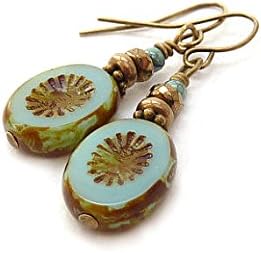Aqua Oval Earrings - Picasso Czech Glass - Fire-Polished Glass - Antique Inspired Dangles