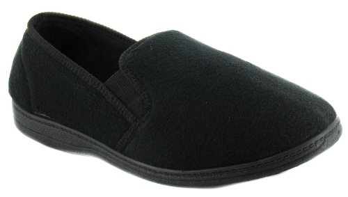 Mens Basic Black Twin Gusset Fleece Slippers - Black - UK 10
