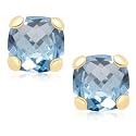 10k Yellow Gold Checker Board Cushion Cut Blue Topaz Stud Earrings