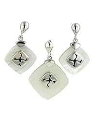 Sterlilng Silver Flat Rhombus White Mother of Pearal Oxidized Cusion Center Earrings and Pendant Set 16 inches Chain