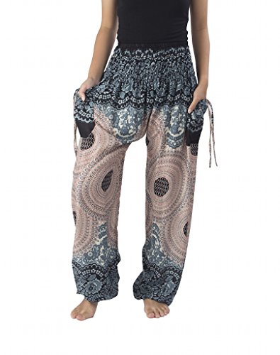 Lannaclothesdesign Women's Smocked Rose Circle Two Pockets Boho Yoga Pants