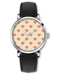 SPRAWL Aanalog Fashion Series Silver Ladies Watches of Genuine Black Leather Strap,Unique Wrist Watch for Women Girls Designed with red hearts
