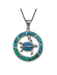 Sterling Silver Round Blue Opal Necklace Pendant with Turtle