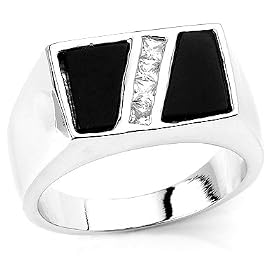 Solid Sterling Silver Cubic Zirconia and Onyx Rhodium Plated Mens Ring with... by Sterling Silver Cubic Zirconium