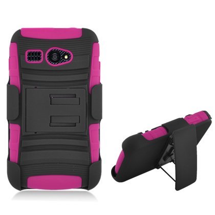 Aimo Wireless Hot Pink Armor Case with Holster and Swivel Belt Clip Combination for Kyocera Hydro C5170 - Retail Packaging - Hot Pink/Black