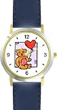 Teddy Bear With Heart Shaped Valentine Balloon Bear Animal - WATCHBUDDY® DELUXE TWO-TONE THEME WATCH - Arabic Numbers - Blue Leather Strap-Size-Large ( Men's Size or Jumbo Women's Size )
