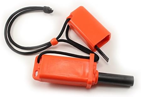 High Quality, 1000+ Strikes, Magnisium Fire Starter with Signal Mirror, Flint Scrape, Emergency Whistle, and Compartment for Fire Starting Tinder- made by survivalTOUGH (Orange)