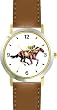 Thoroughbred Racehorse and Jockey Horse - WATCHBUDDY&reg; DELUXE TWO-TONE THEME WATCH - Arabic Numbers - Brown Leather Strap-Size-Large ( Men's Size or Jumbo Women's Size )