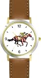Thoroughbred Racehorse and Jockey Horse - WATCHBUDDY&reg; DELUXE TWO-TONE THEME WATCH - Arabic Numbers - Brown Leather Strap-Size-Large ( Men's Size or Jumbo Women's Size )