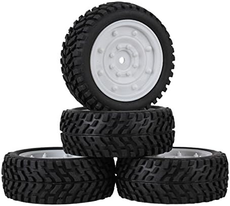 Mxfans 12mm Hex Black Beard Pattern Rubber Tyre + White Plastic Imitate Wheel Rims for RC 1:10 On Road Racing Car Spare Parts Pack of 4