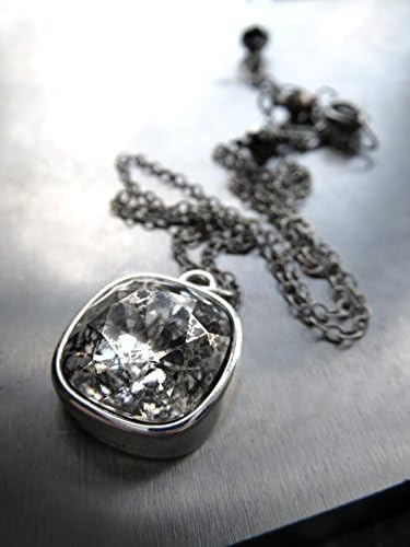 Swarovski Crystal Necklace in Silver Patina Crystal, Distressed Vintage Mercury Glass Style Crystal Pendant, Oxidized Sterling Silver Chain, 17" Adjustable Length