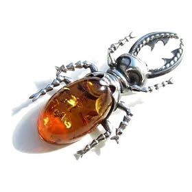 Certified Genuine Honey and Sterling Silver Large Beetle Pin